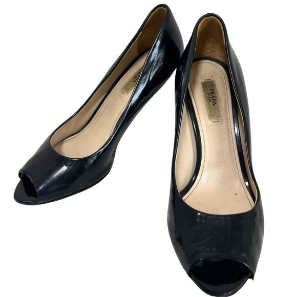 Prada Black Patent Leather Peep Toe 3" Lucite Block Heels, EU Size 37 or US 6.5 - Picture 2 of 12